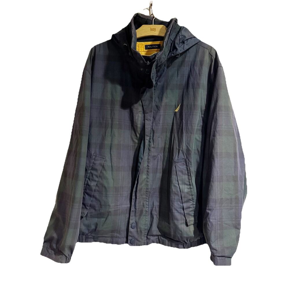 Nautica Men XL Green Blue Plaid Solid Yellow Reversible‎ Jacket 90s Y2K